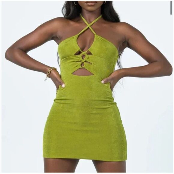 Princess Polly Zamia Cutout Halter Bodycon‎ Mini Dress Metallic Green US Size 6 - Picture 1 of 7